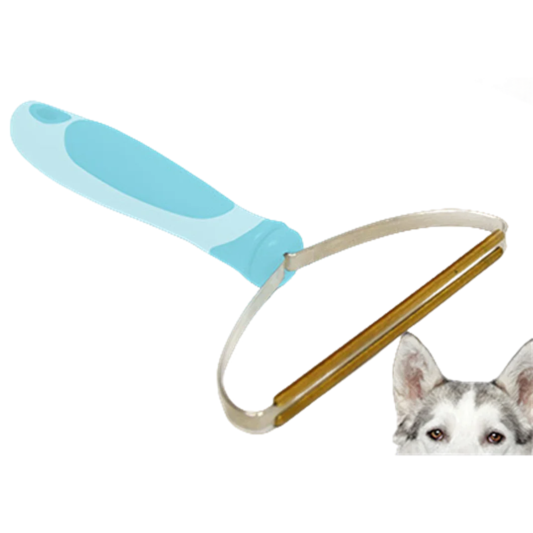 Blaues Tierhaar-Entfernungswerkzeugset mit Teleskopgriff und einem kleinen Hundsgesicht sichtbar.
