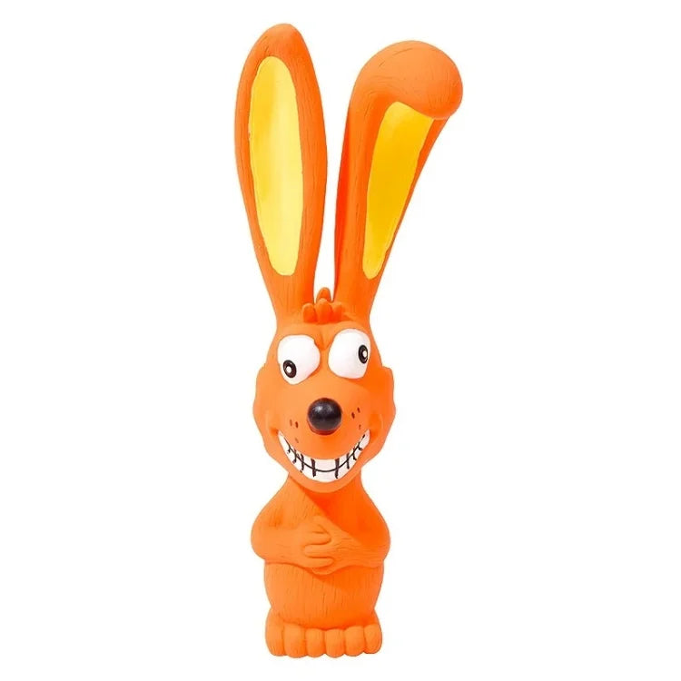 An orange rubber squeaky rabbit chew toy for dogs.