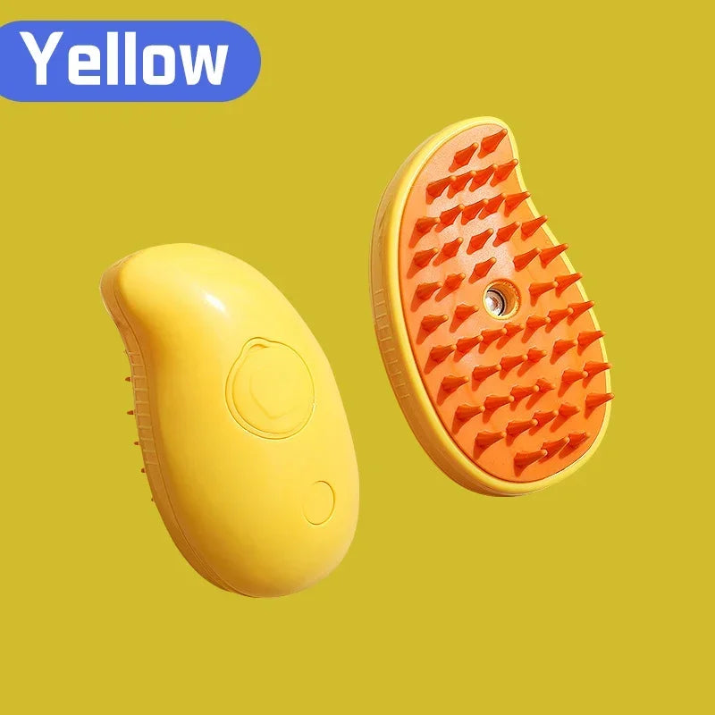 A yellow steam grooming comb with orange bristles is shown against a yellow background.