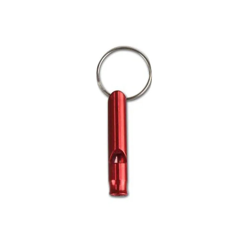 A silver hoop and a red whistle attached to it for parrot training.