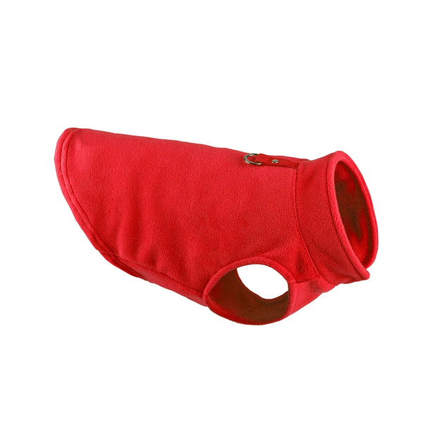 A bright red quilted fleece dog vest with a loop for leash attachment.
