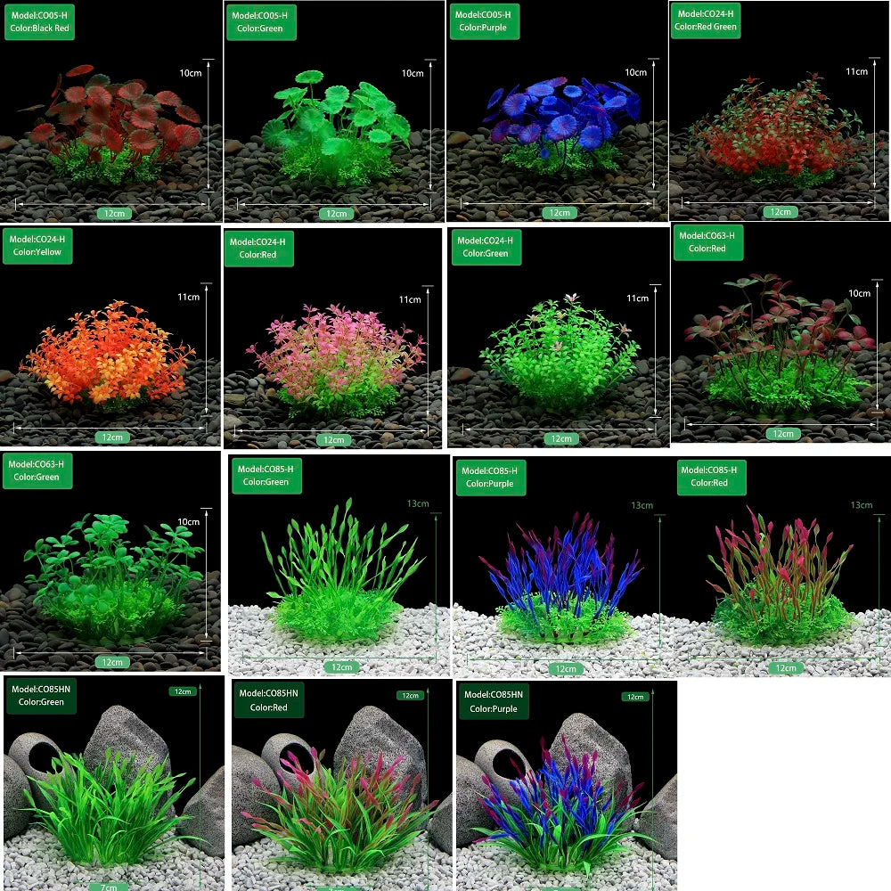 Collection de plantes aquatiques artificielles de différentes couleurs (vert, rouge, violet, jaune), présentées dans de petit