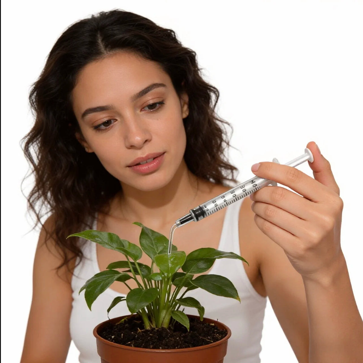 A woman holds a syringe and a potted plant, demonstrating the precision liquid dispensing syringe set.