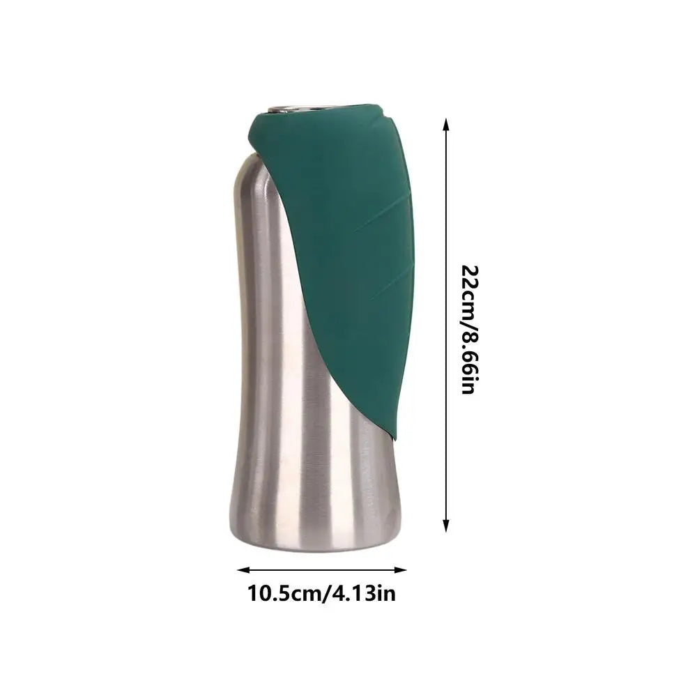 A stainless steel portable dog water bottle with a green, built-in bowl component.