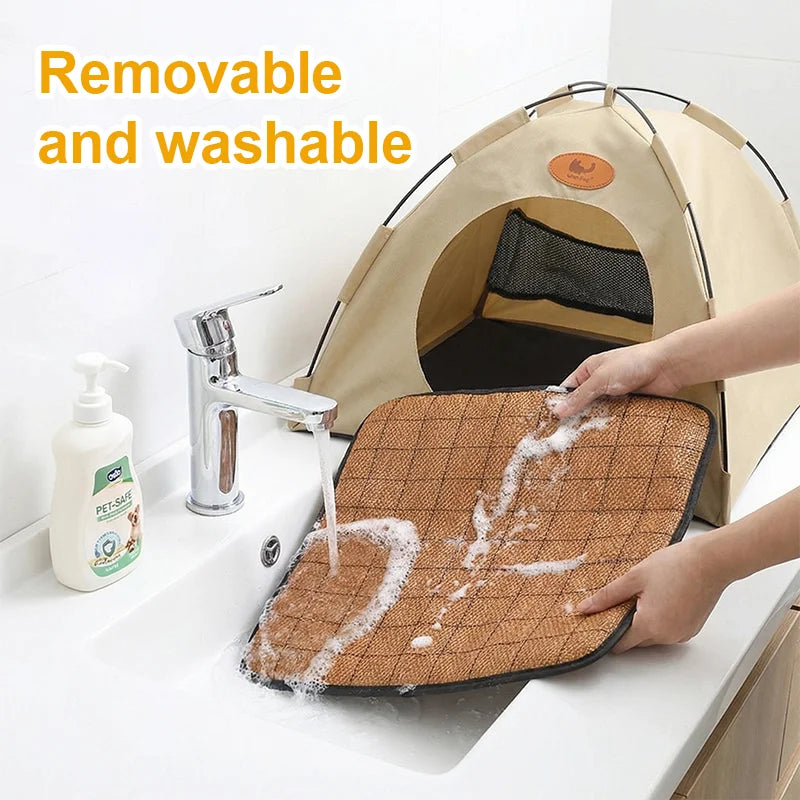 A brown breathable pet tent bed is being washed under a faucet in a kitchen sink.