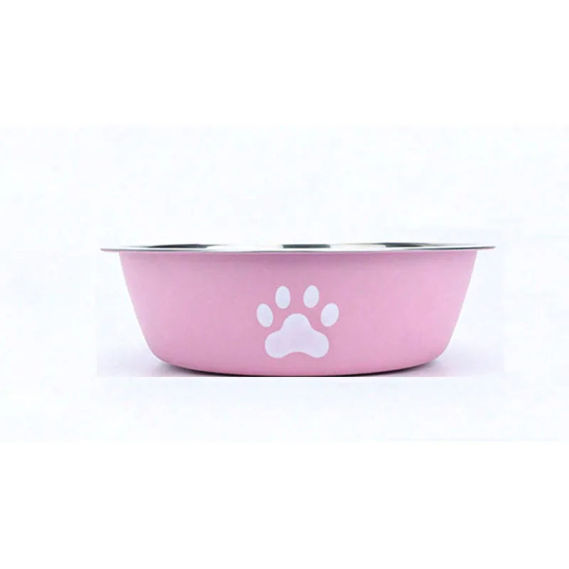 A pink stainless steel pet bowl with a white paw print design.