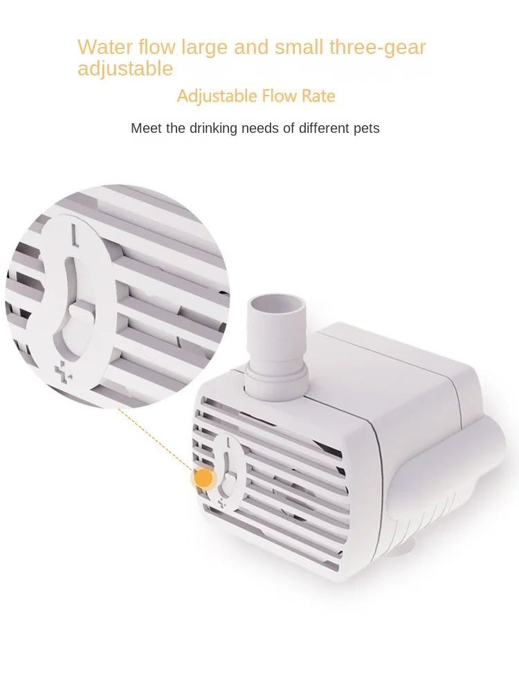 A white three-gear adjustable water flow pump for pet fountains is shown with a close-up view.