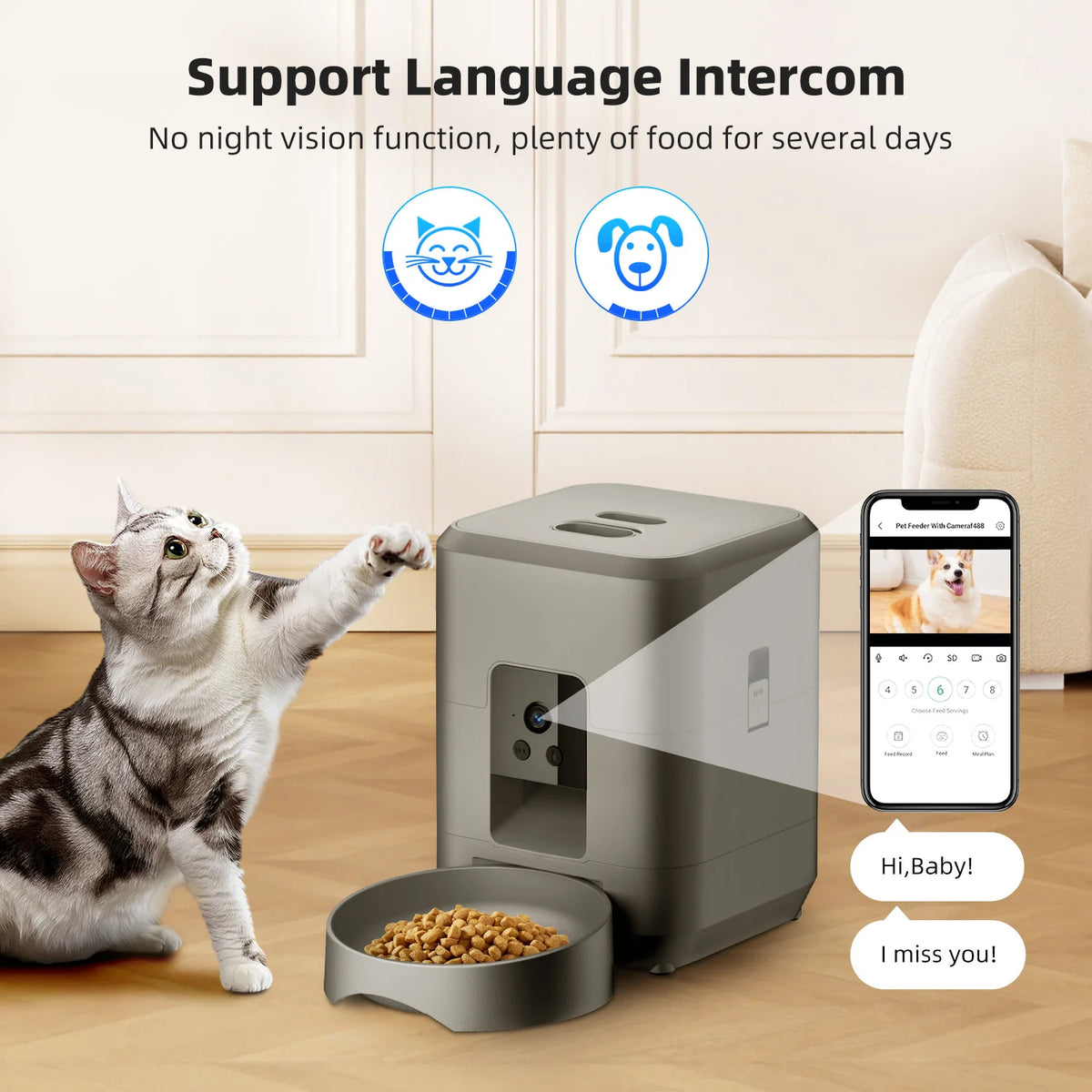 Un dispensador de comida inteligente para mascotas junto a un gato, con comida en el cuenco y un smartphone mostrando un mens