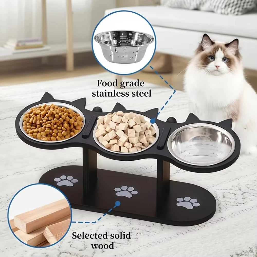 Elevated Cat Bowls with Silicone Mat - 15° Tilted Wooden Stand