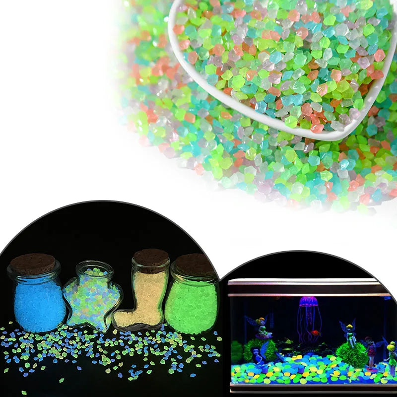 A close-up view of glow-in-the-dark decorative pebbles in various shades of green, pink, and blue.