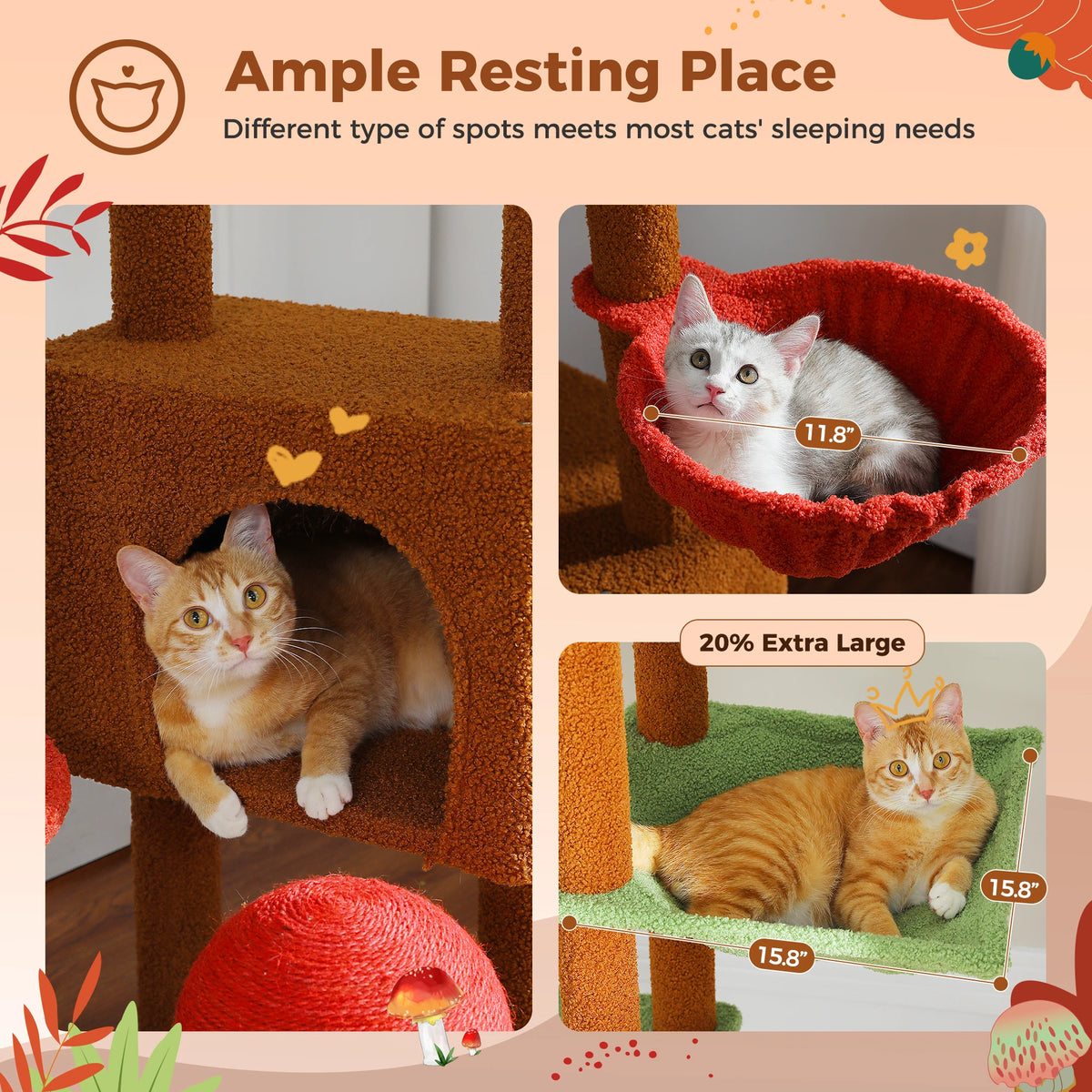A multi-level cat tree featuring a climbing post, a sleeping condo, and a hammock for cats.