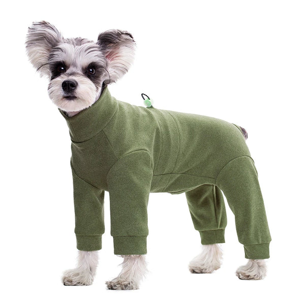 A small, fluffy dog wearing a olive green thermal fleece jumpsuit.