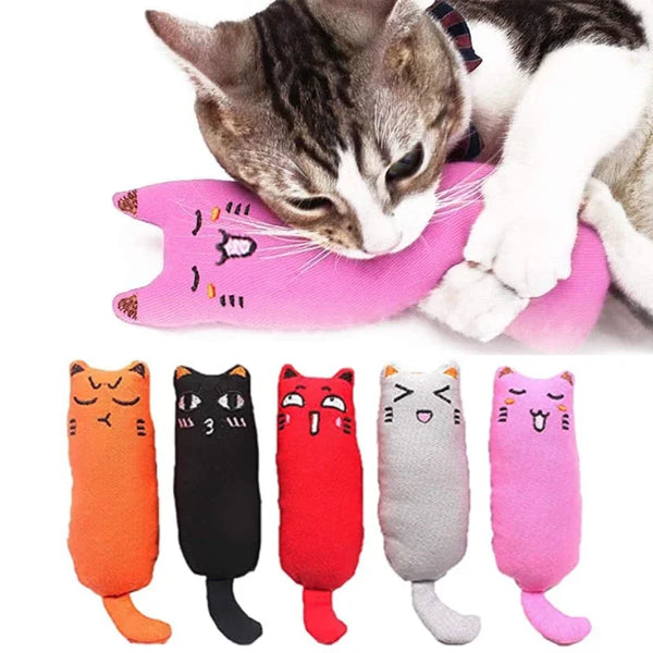 A collection of plush catnip crinkle toys shaped like cats in various colors including orange black red gray and pink