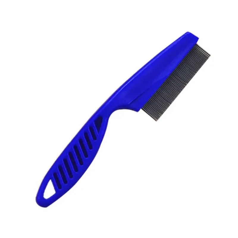 A bright blue stainless steel pet grooming comb with widely spaced teeth.