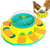 A yellow interactive dog slow feeder puzzle toy with a clear blue bowl and orange feeding compartments.