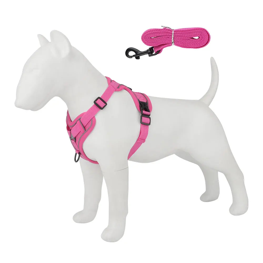 A pink reflective dog harness and leash set is shown on a white dog model.