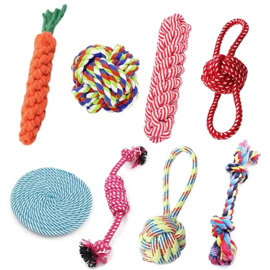 A set of interactive cotton rope dog toys shaped like a carrot and a dumbbell, featuring various colors and textures.