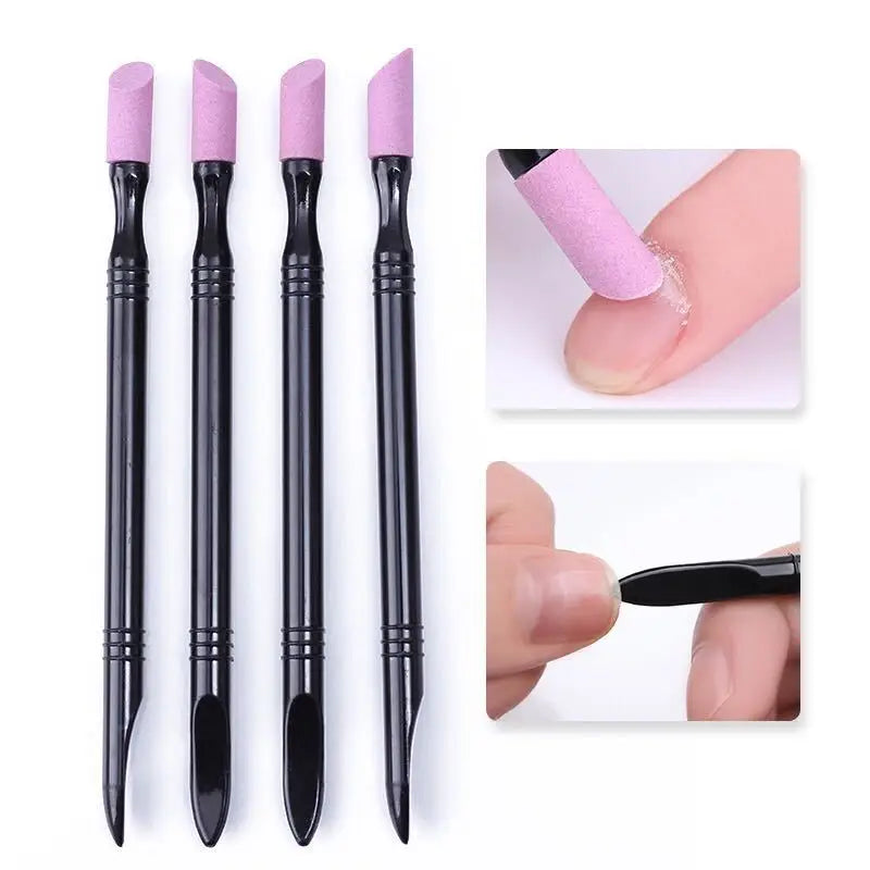 A set of black nail file cuticle pusher and buffer tools with pink tips shown in various angles.