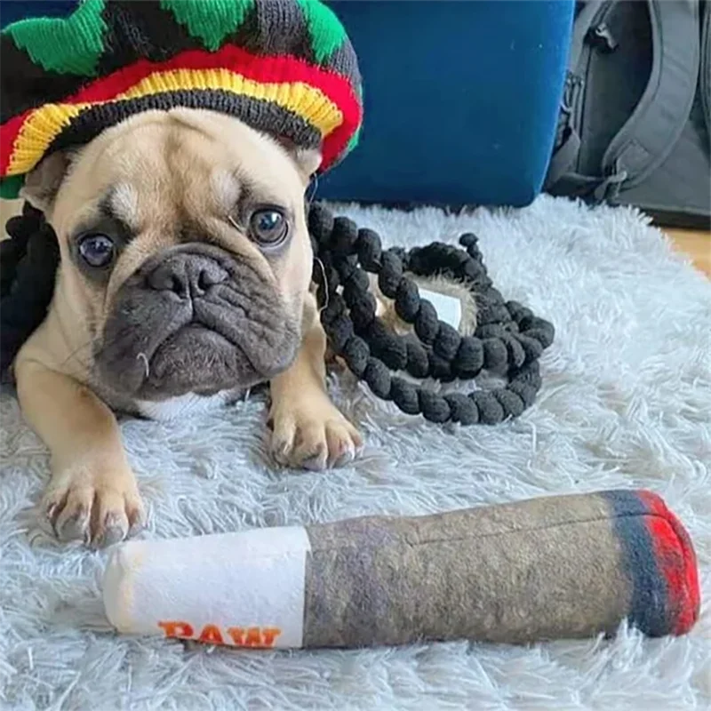 Cigar-Shaped Squeaky Plush Dog Toy for Interactive Play and Teeth Care