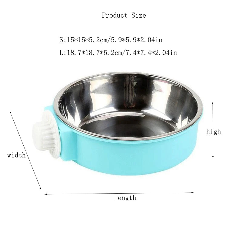A stainless steel hanging dog bowl with a light blue base and silver bowl, shown from above.