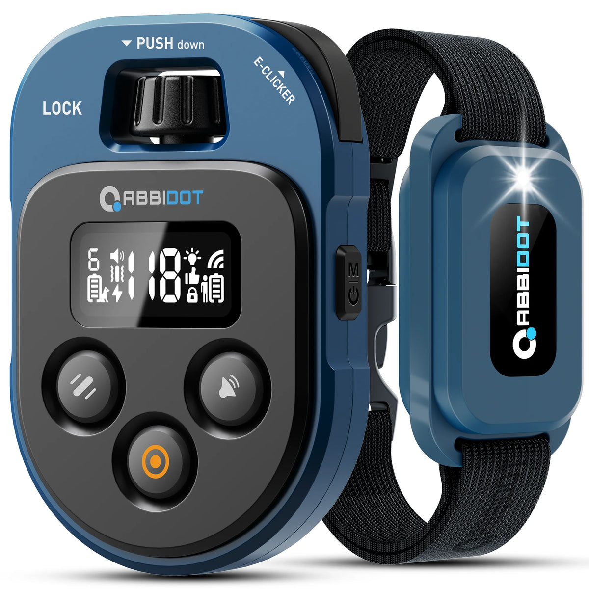 A blue remote dog training collar with a black strap and an attached e-clicker device.