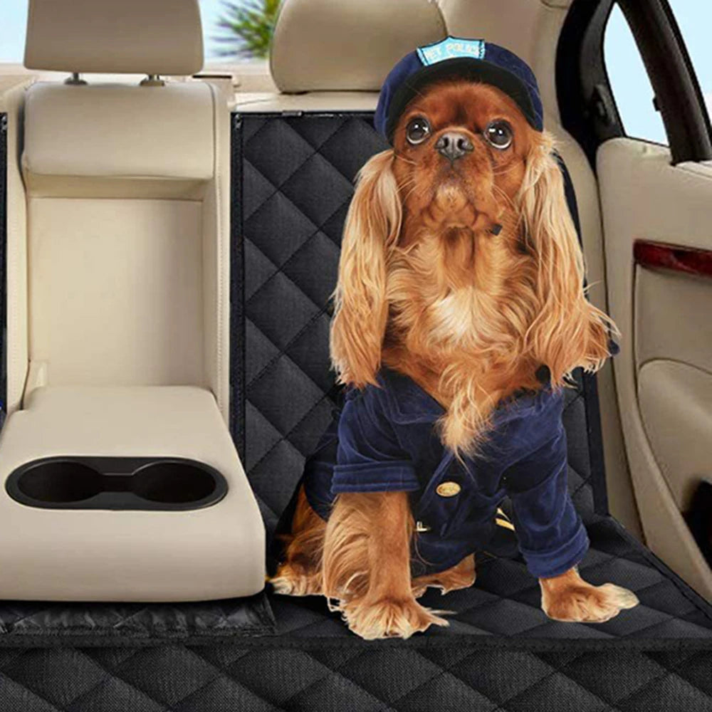 Un chien à poil long, brun-roux, assis dans un siège de voiture beige avec un tissu noir matelassé et un chemisier bleu.