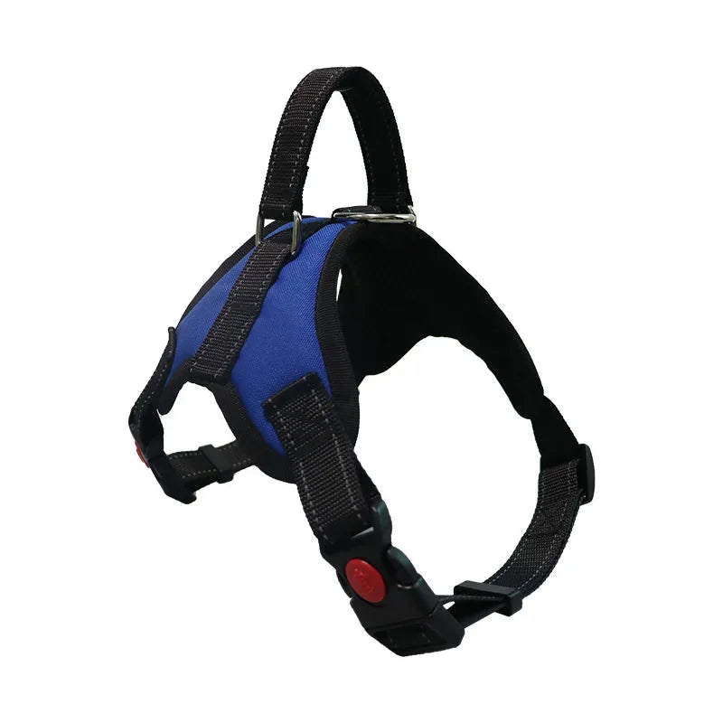 A blue and black adjustable no-pull dog harness with reflective stitching.