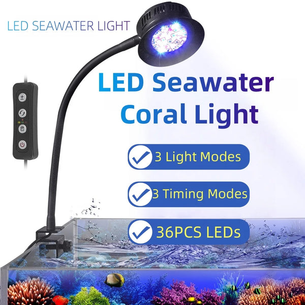 Schwarze LED-Meereskorallenleuchte mit flexiblem Arm und eigenem Steuereinheit, die ein Aquarium beleuchtet.