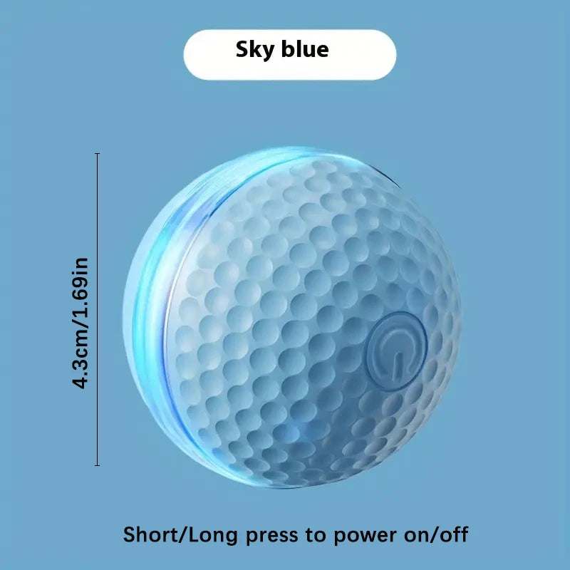 A blue, spherical interactive rolling cat toy ball with a power button visible on the side.