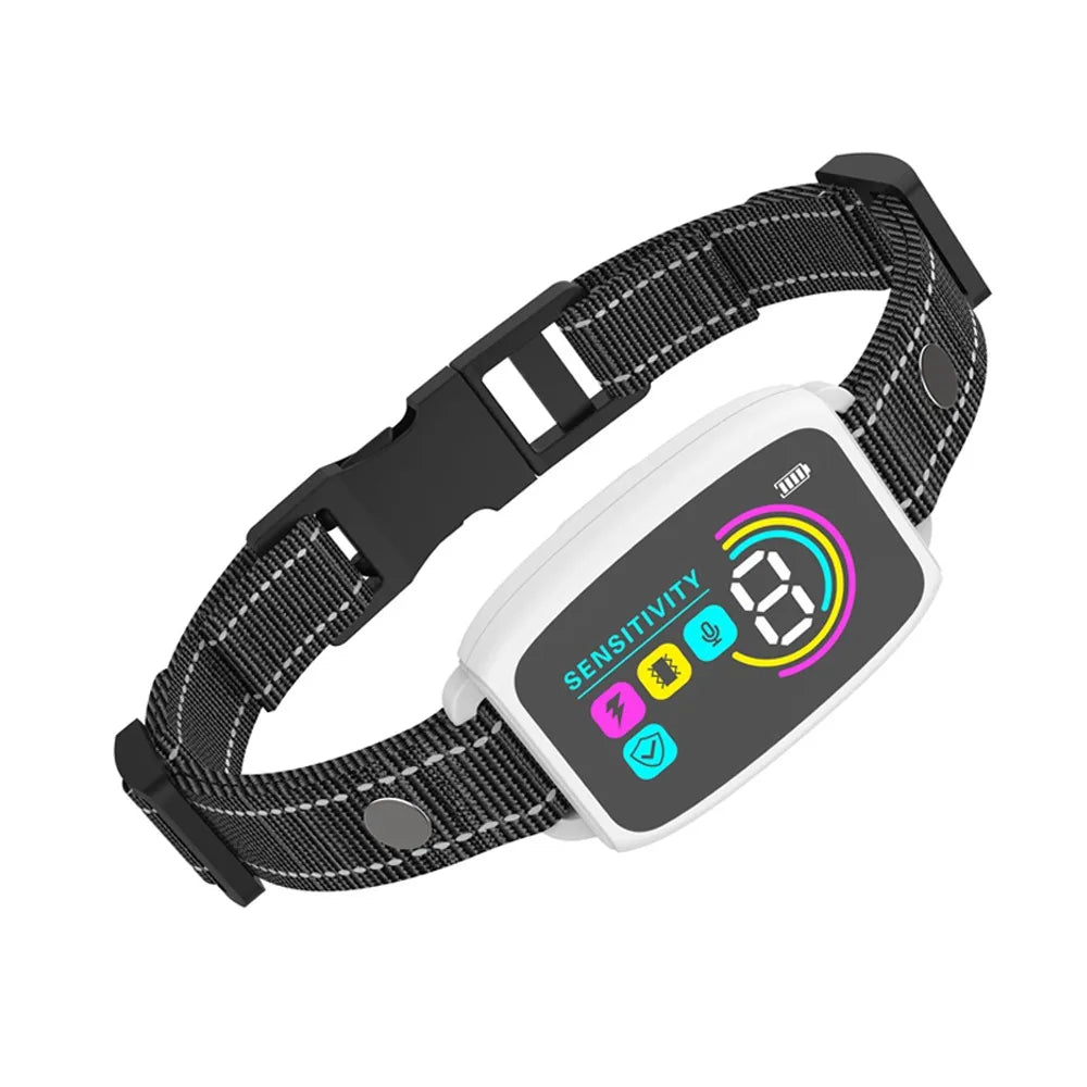 A black dog bark collar with a white display and adjustable sensitivity settings.