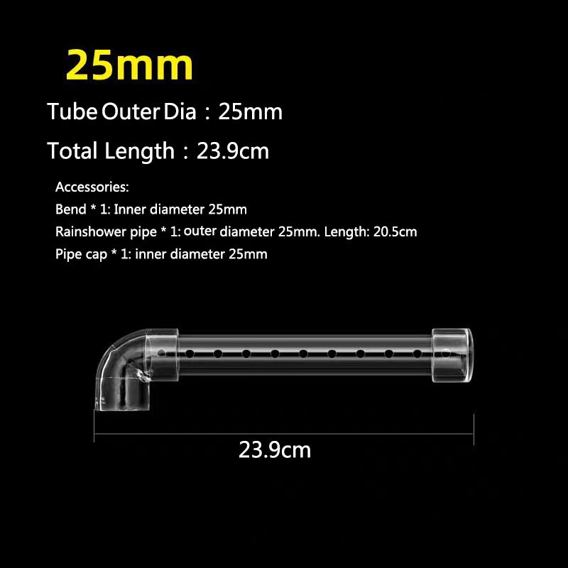 A transparent acrylic tube with accessories for an aquarium spray bar, measuring 23.9cm long.