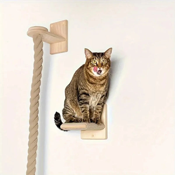 Wall-Mounted Cat Climbing Rope with Wooden Pedals and Sisal Rope