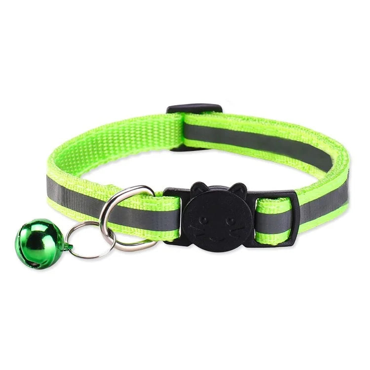 Lime green safety breakaway cat collar with a black bell and silver clasp.