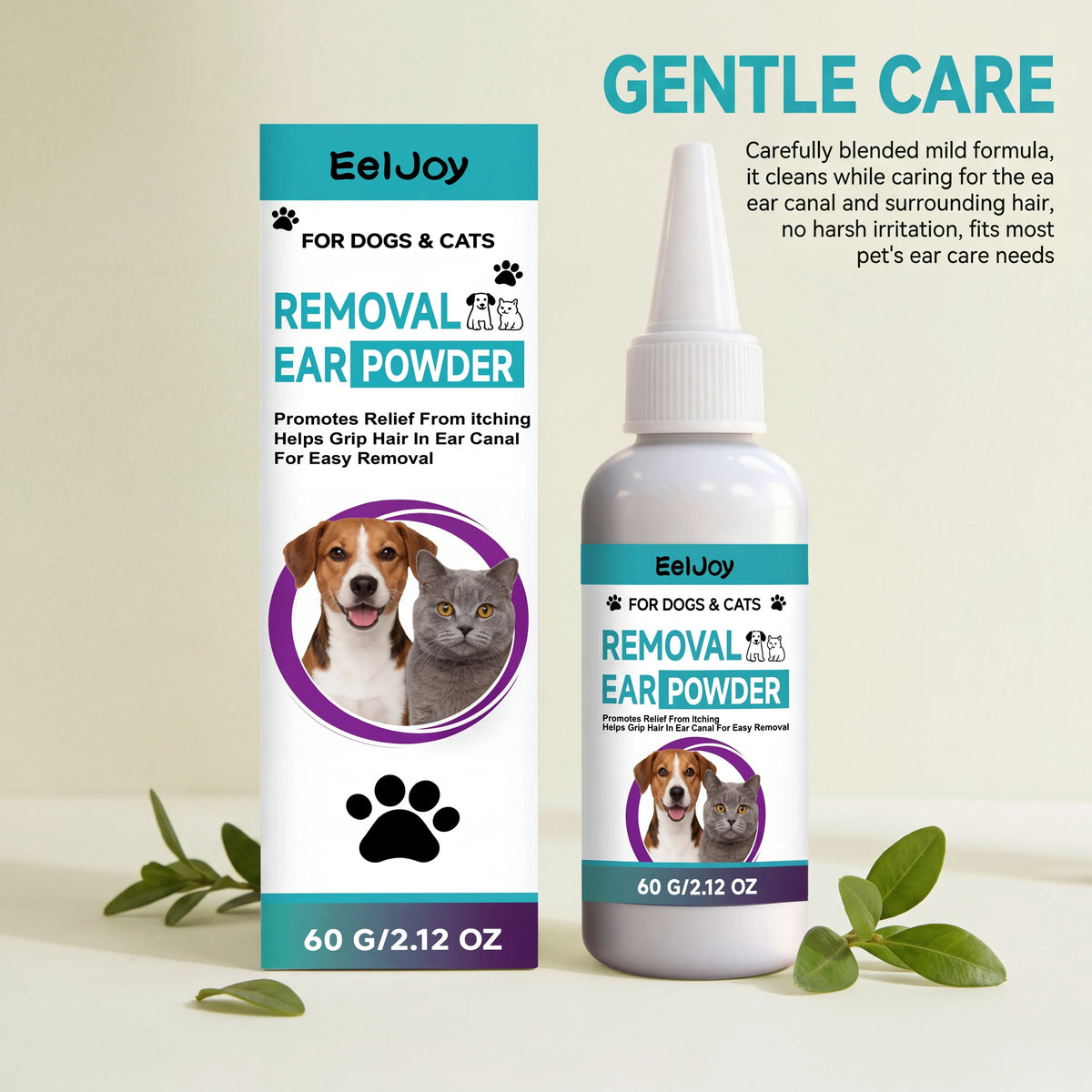 A bottle of EelJoy Removal Ear Powder for dogs and cats is shown next to its packaging.