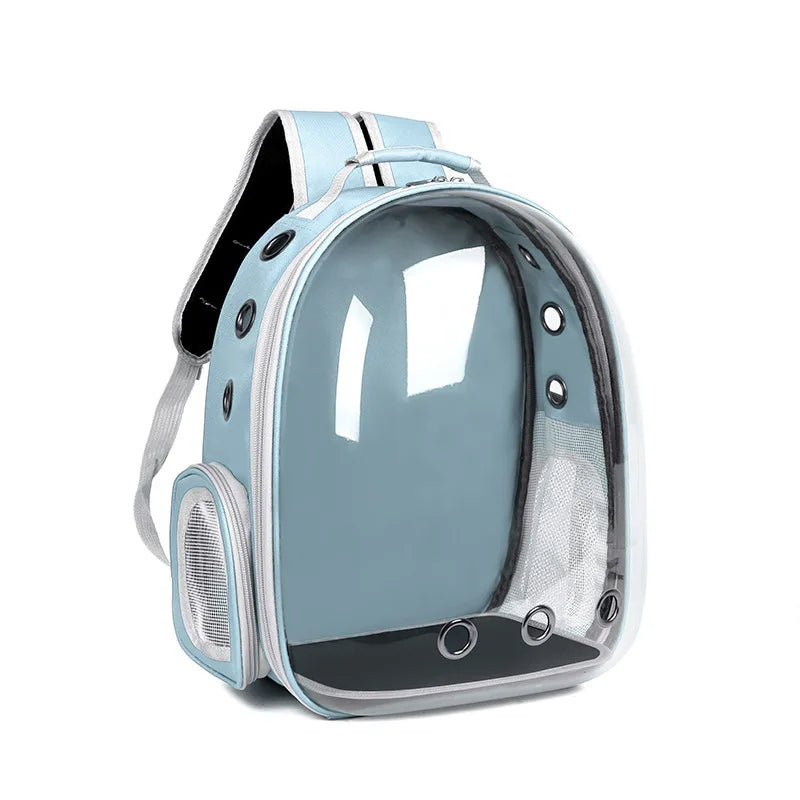 A light blue transparent pet backpack designed for dogs and cats.