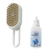 A white steam grooming brush with a self-cleaning comb for cats is shown next to its bottle.