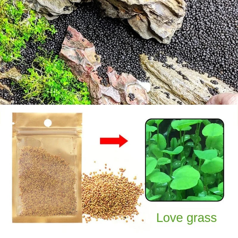 A bag of black aquarium substrate gravel next to a pile of light brown seeds and green love grass plants.