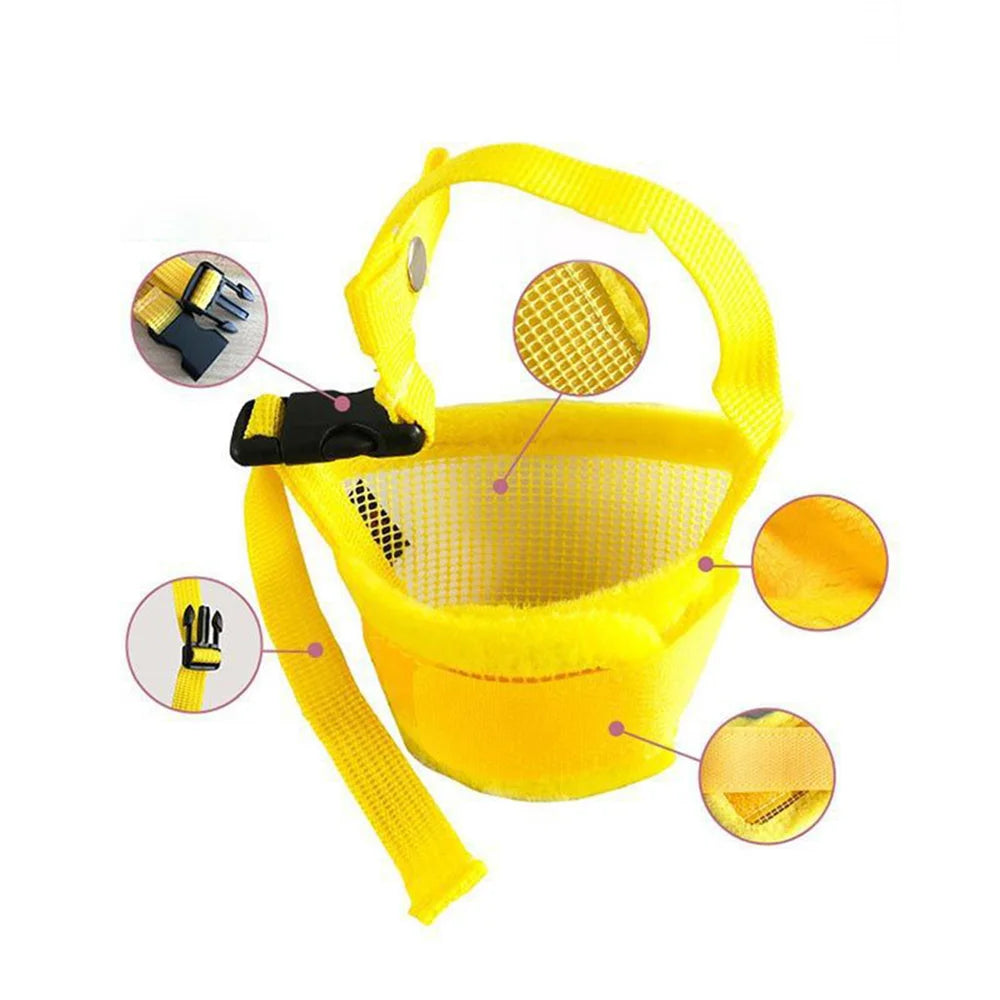 Yellow adjustable breathable dog muzzle with various attachment options shown in detail.