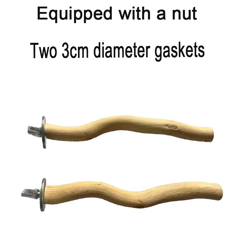 A natural wood bird perch and chew toy with two 3cm diameter gaskets.