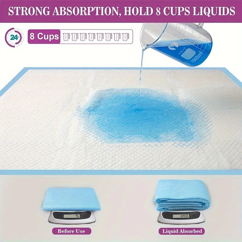 A white absorbent pad is shown with a blue liquid absorbed onto it, demonstrating strong absorption.