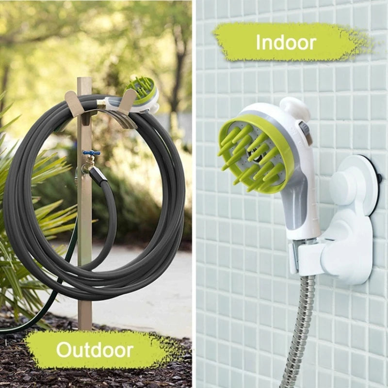 A pressurized pet bath nozzle for dogs and cats is shown in both indoor and outdoor settings.