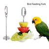 A stainless steel bird feeding fork with a hook and a bowl, next to a yellow parrot.