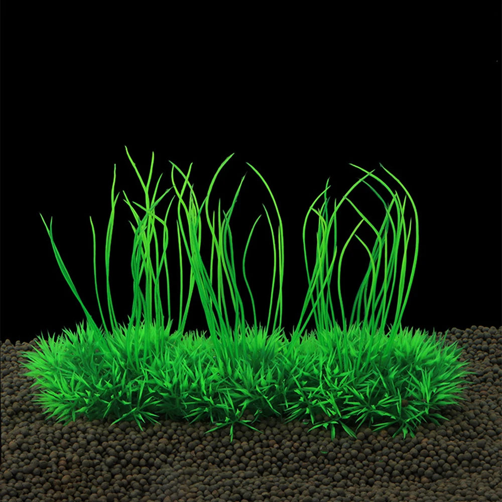 Planta de acuario artificial con base de cerámica creciendo de tierra oscura contra fondo negro