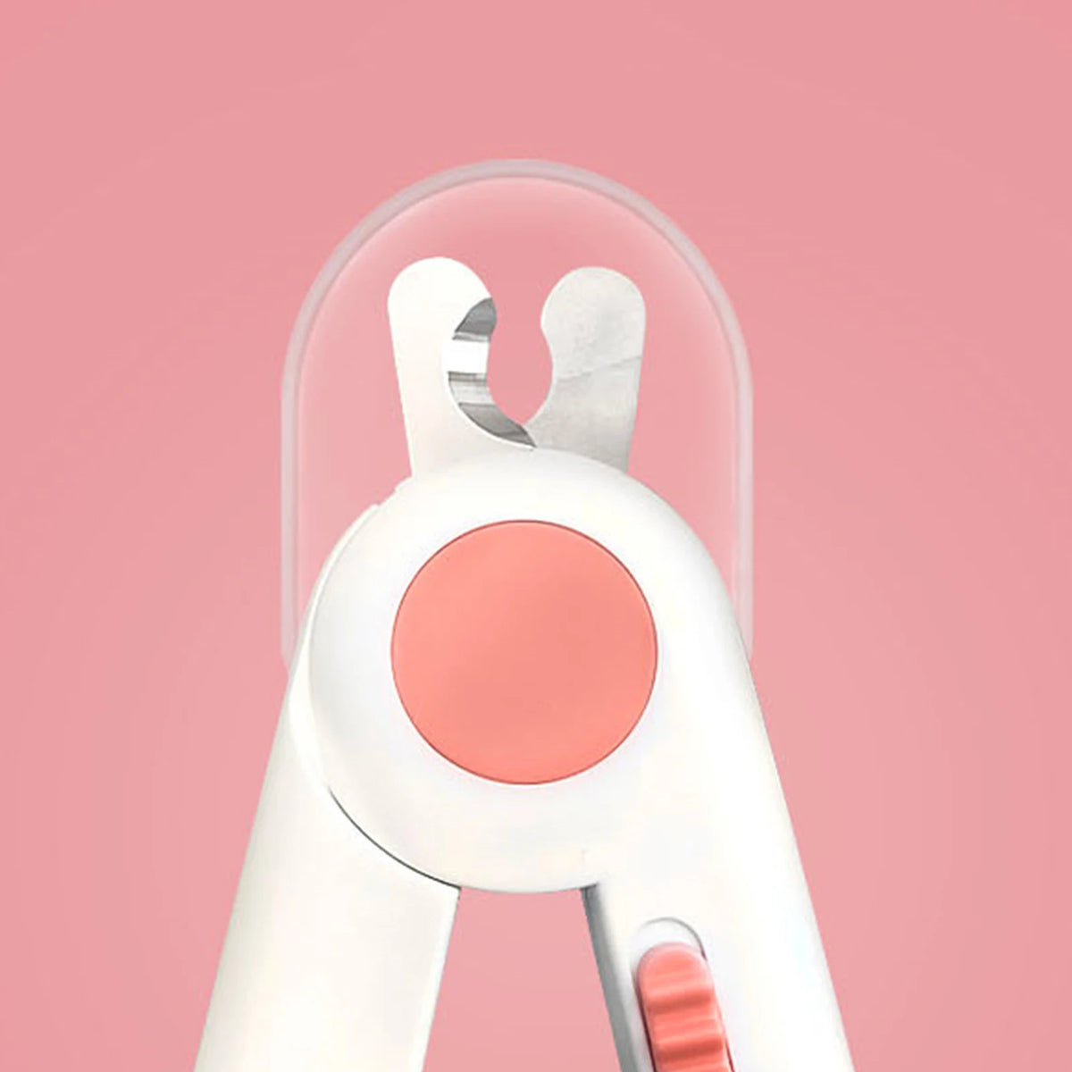 A close-up view of a white LED pet nail clipper for cats and dogs against a pink background.