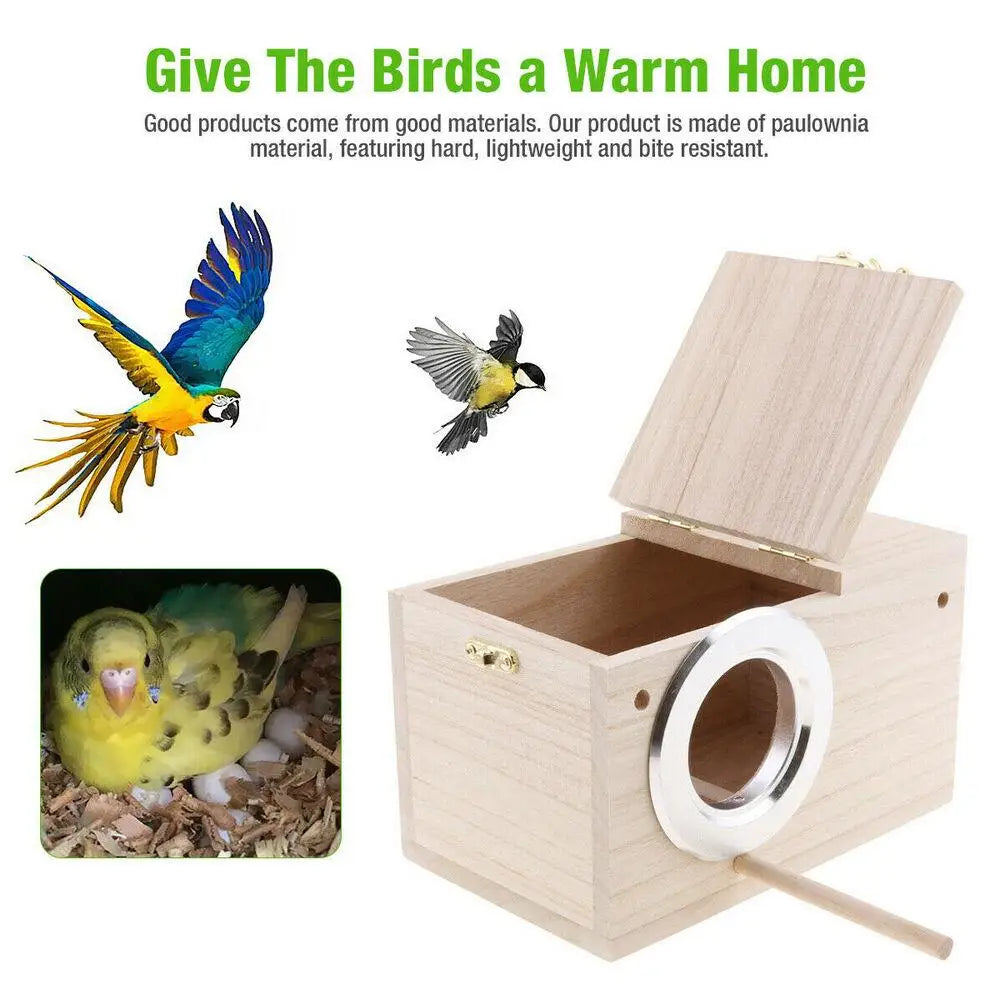 A light wood bird nesting box for birds, shown next to a colorful bird and a yellow budgie.