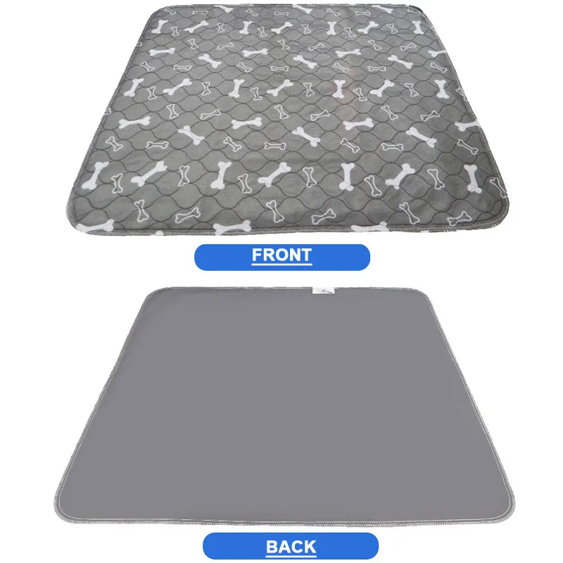 Front and back views of a gray reusable dog pee pad training mat.
