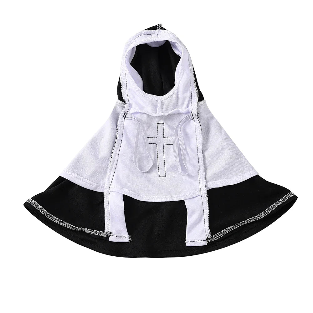 A funny Halloween cat nun costume for dogs and cats, featuring a white and black garment with a cross detail.