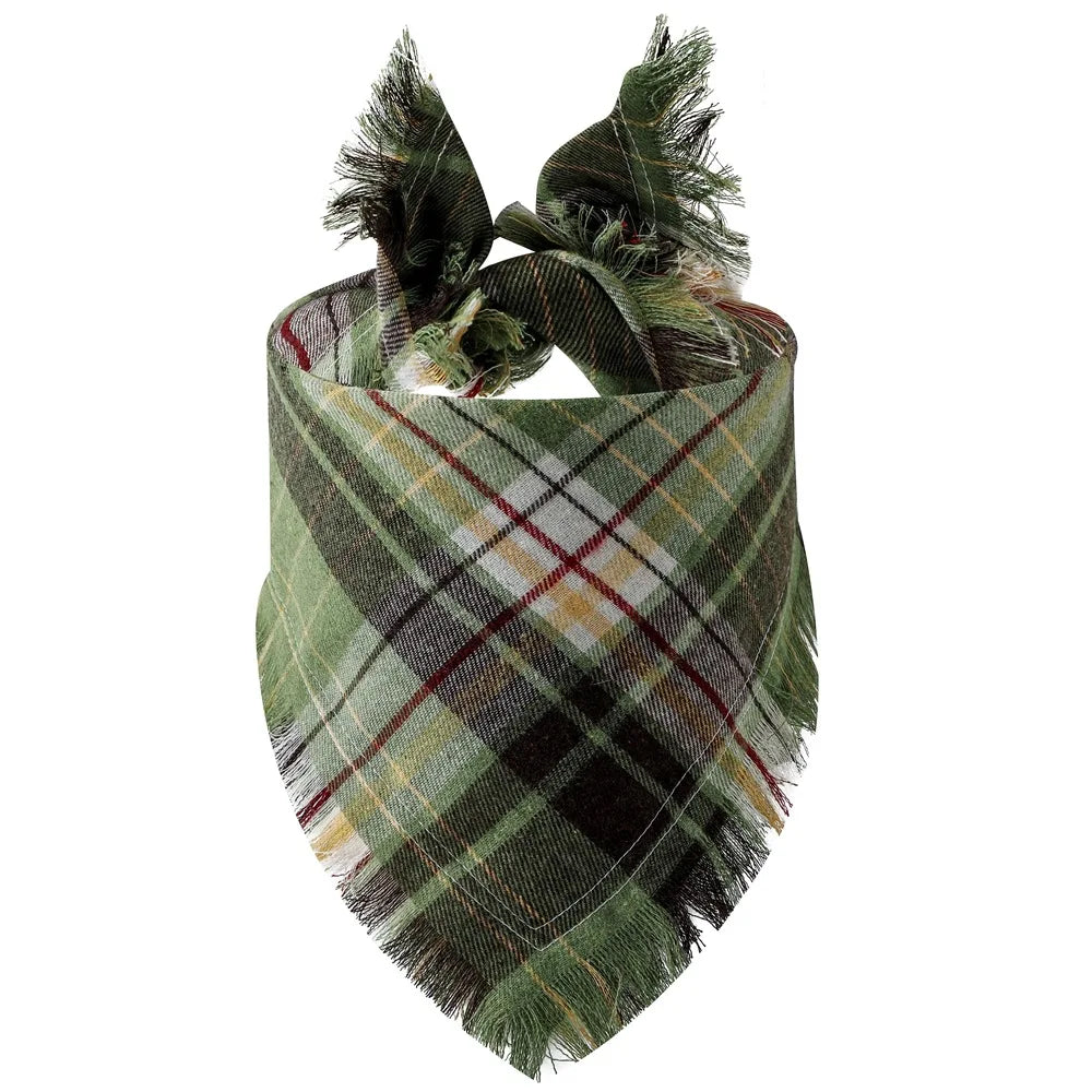 A plaid fabric bandana featuring green, brown, and black tones with fringed edges.