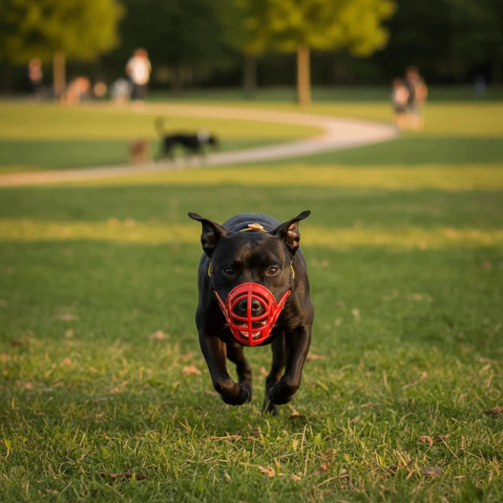 A black dog wearing a red adjustable bite-resistant muzzle running across a grassy park.