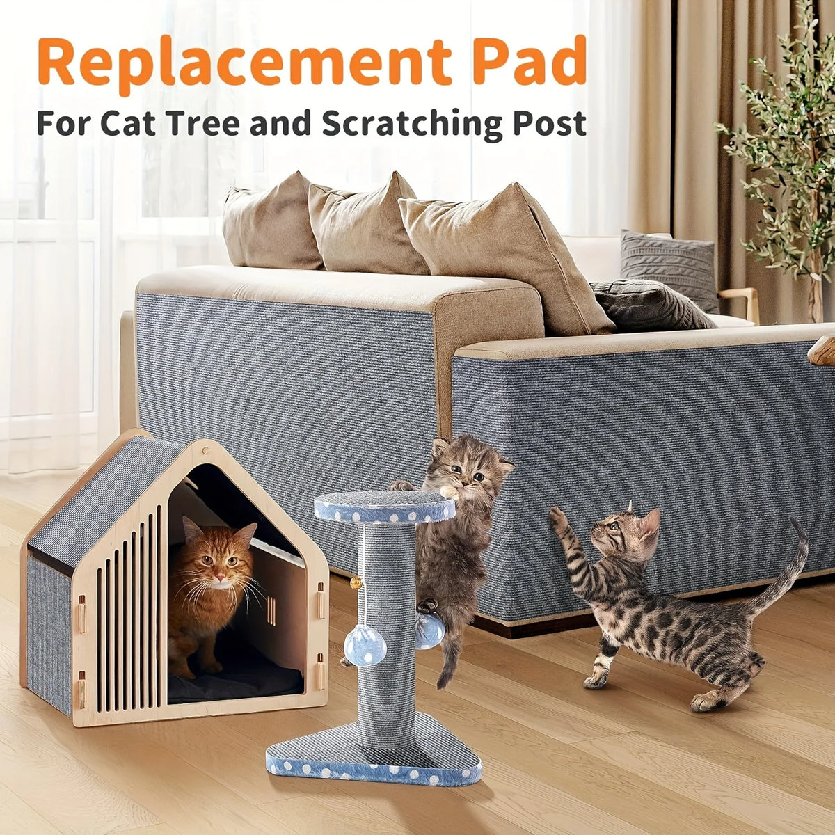 Replacement pad for a cat tree and scratching post shown with cats interacting in a living room setting
